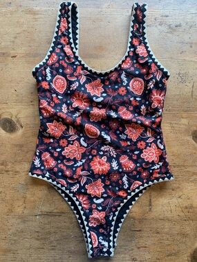 Floral One-Piece  Swimsuit - Black with Red Orange Floral Print